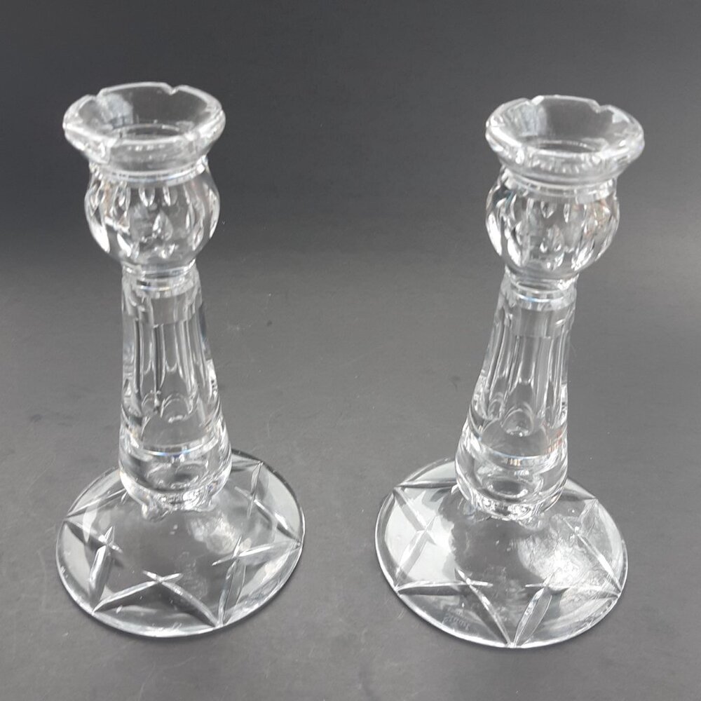 Early Waterford Stuart Crystal Hand Cut Candleholders Pair England 1930s Signed